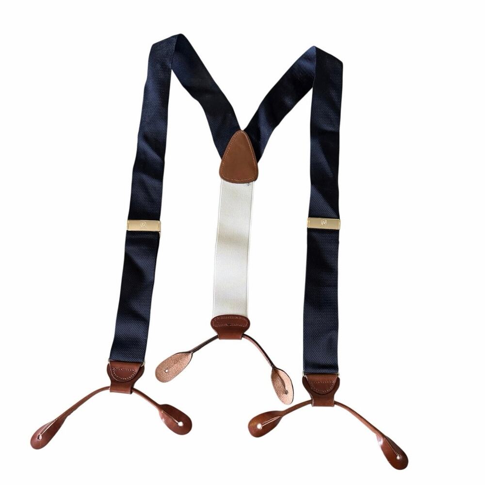 Men’s navy blue brown leather brass trim button suspenders classy wedding guest